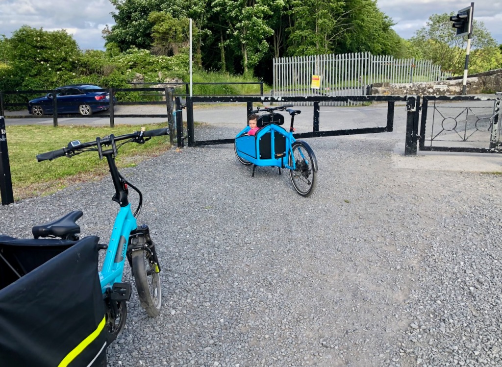 A pair of cargo bikes obstructed by a kissing gate at Deey Bridge (Lock 13) on the Royal Canal